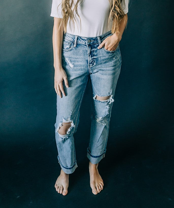 High-Rise Distressed Boyfriend Jeans