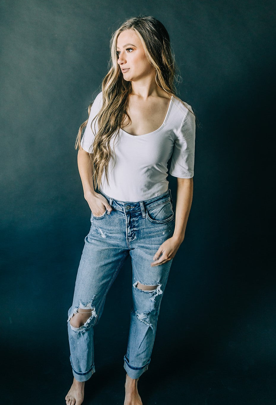High-Rise Distressed Boyfriend Jeans